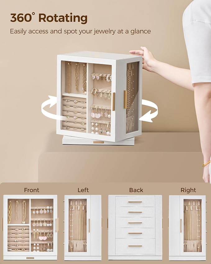 Glimmloop 360° Rotating Jewelry Box with 5 Drawers, Spacious Vertical Jewelry Organizer with Glass Window, Jewelry Storage Case, Dustproof & Moisture-resistant Design, White - Image 5