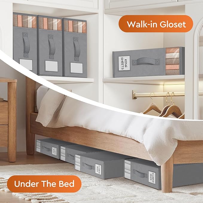 StorageTastic 6 Pack Bed Sheet Closet Organizers and Storage,Sturdy Foldable Storage Containers with Window and Label,Storage and Organization for Bedding Sheets,Duvet Covers,Blankets (Grey) - Image 6
