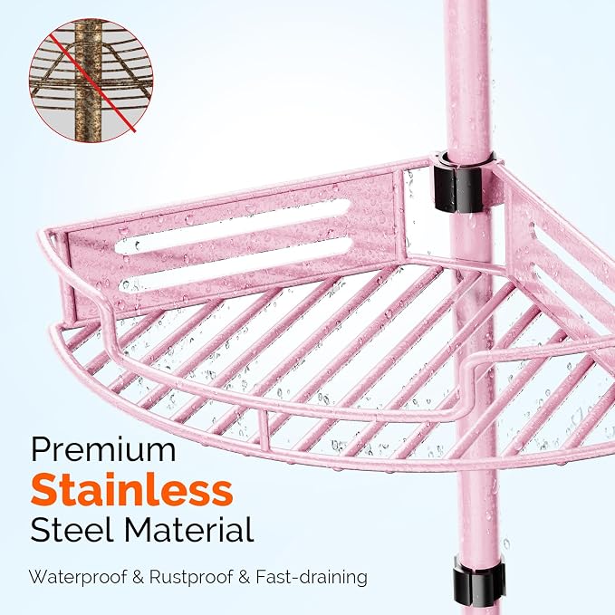 HAMITOR Corner Shower Caddy Tension Pole: Quick Installation 4-Tier Rustproof Bathroom Organizer Shelves for Bathtub Shampoo Storage - 47-121 inch Adjustable Floor Standing Bath Rack Holder - Pink - Image 3