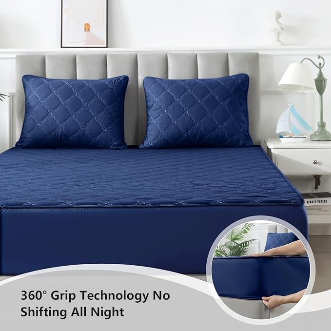 Waterproof Mattress Protector - Queen Size Mattress Pad Silent & Fitted Sheet Style | Full Bed Protection for Kids, Pets, Adults | Hypoallergenic, Machine Washable (Blue, Queen)
