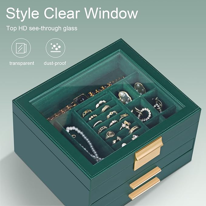Somduy Jewelry Box Organizer for Women,3 Layers PU Leather Jewelry Storage Display Box with Glass Lid,Gift for people,3 Drawers,Large Capacity for Necklace Earrings Bracelets Rings, Dark Green - Image 2