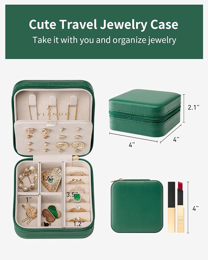 VLANDO Travel Jewelry Case, Small Travel Jewelry Organizer Box for Girls Women - Dark Green - Image 5