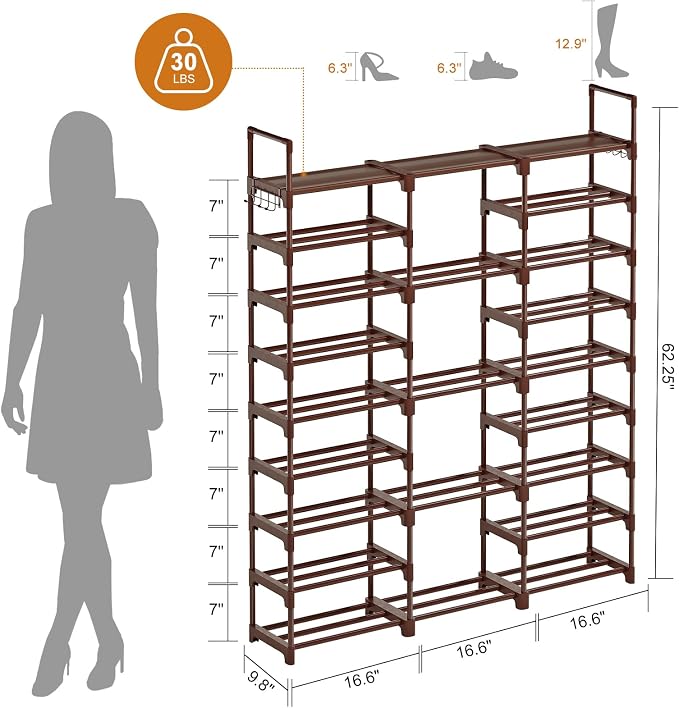 WOWLIVE 9 Tiers Shoe Rack Shoe Storage Shoe Organizer 30-35 Pairs Shoe Tower Unit Shelf Durable Metal Pipes with Plastic Connectors Stackable Cabinet Brown - Image 3