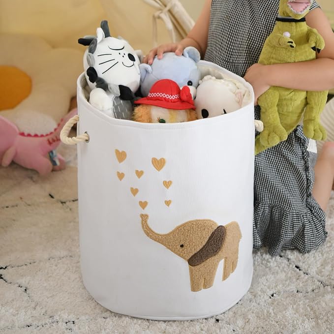 INough Baby Laundry Basket Laundry Hamper, Canvas 58L XL Baby Clothes Basket, Collapsible Brown Laundry Basket for Nursery Toy Baskets with Drawstring Closure, KidsRoom Decor for Boys - Image 2