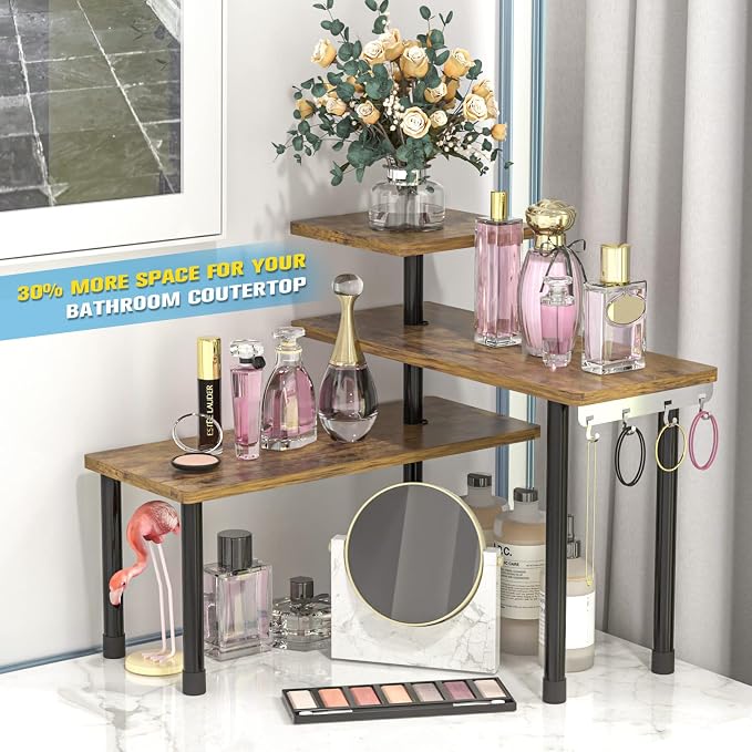 JayRex Countertop Organizer Organization, 3 Tier Moveable Corner Shelf Organizer for Kitchen, Bathroom, Spice Rack, Coffee Area, Over Sink, Dresser Table (Rustic Brown) - Image 5