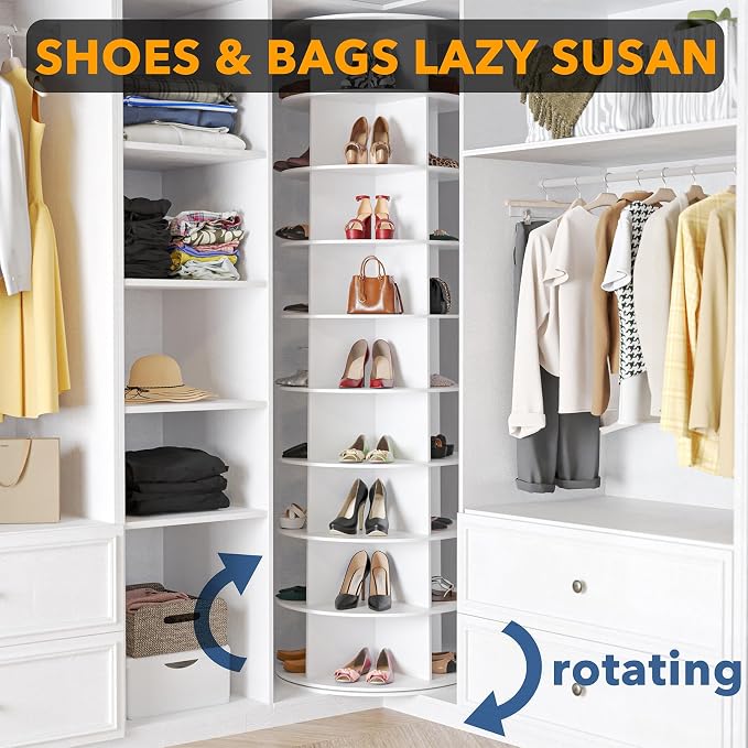 SpaceAid 9 Tier Rotating Shoe Rack Tower, Spinning Shoe Display Lazy Susan, Revolving 360 Shoe Rack Storage Round Carousel, Vertical Handbag Rotate Shoes Closet Organization (9-Tier White) - Image 4