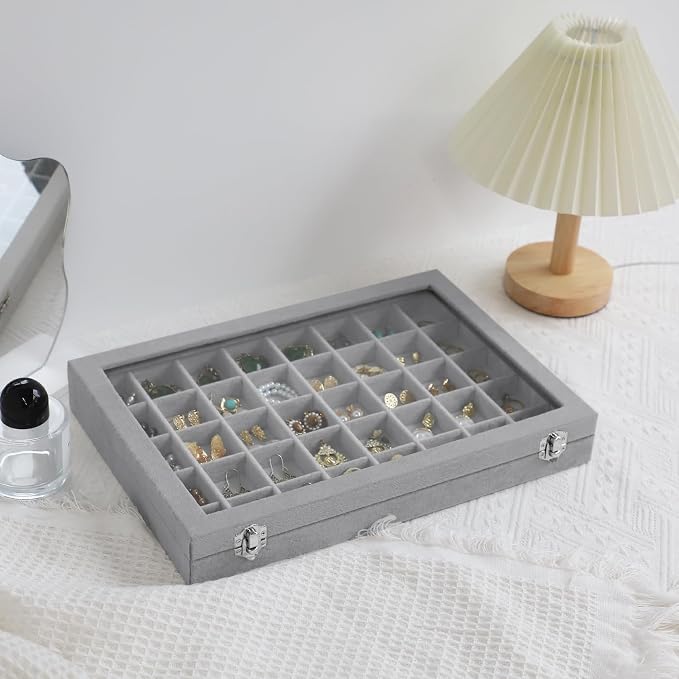 Stratalife Jewelry Organizer 40 Grid Jewelry Tray with Lid Dust-proof Velvet Earring Organizer Ring Holder Necklaces Earrings Storage Drawer Accessories Box for Women Gray - Image 5