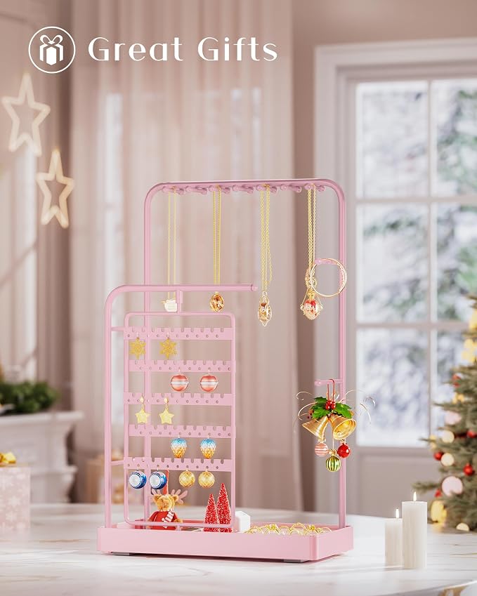 ProCase Jewelry Stand Holder Organizer, Jewelry Display Storage with Ring Tray, Rotating Earring Bracelet Necklace Holder, Valentine's Gifts Room Dorm Decor for Teen Girls -Pink (No-Assembly) - Image 8