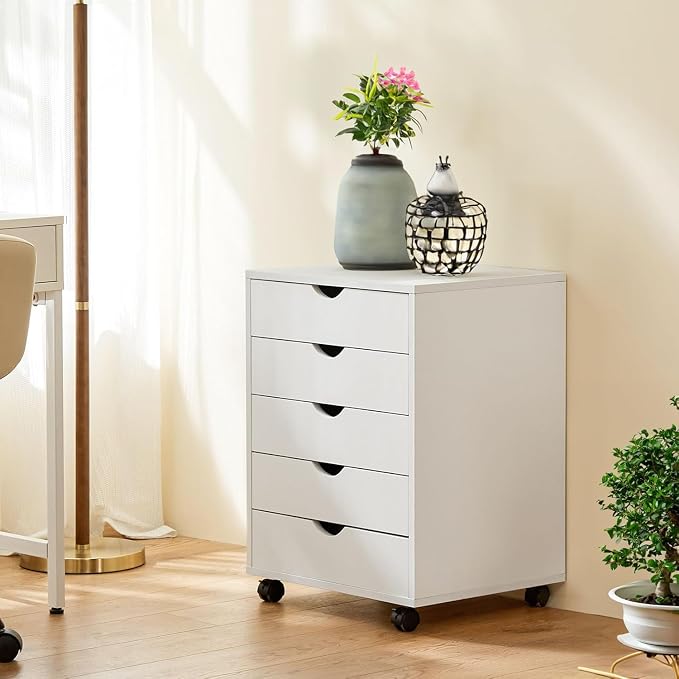 5 Drawer Mobile File Cabinet Under Desk Storage Organization with Wheels Vertical Filing Chest Rolling Wood Small Desk Printer Stand for Home Office, White - Image 2