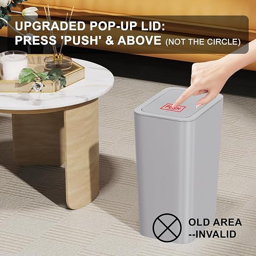 N. NETDOT 3 Pack 10L / 2.6 Gallon Small Trash Can with Lid,Bathroom Garbage Can with Pop-Up Lid,Waste Basket for Bathroom,Kitchen,Bedroom,Powder Room,Office,College (Black-Grey-Off White) - Image 5