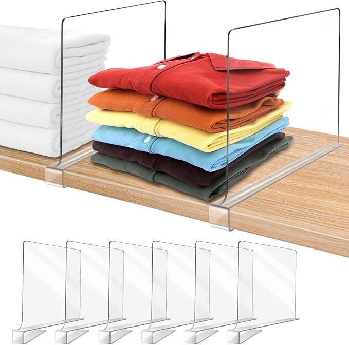 12 Inches [Extra Tall Version] Clear Shelf Dividers for Closet Organization and Storage, 6 Pack Purse Organizer for Closet Acrylic Adjustable Bookshelf for Organization, Perfect for Sweater, Clothes by OMGelic