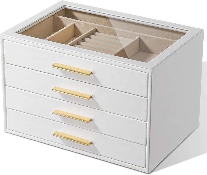 pickpiff Jewelry Box Organizer Case for Women: 4-Layer Jewelry Storage Case with Glass Window, Pure White Leather with Velvet Holder for Ring Necklace Bracelet Brooch Watch, Great Gift for Her by pickpiff