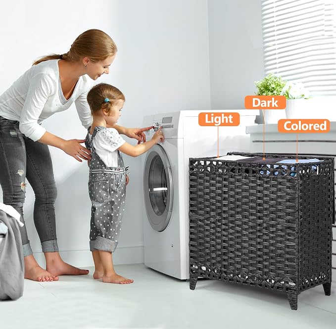 Laundry Hamper with 3 Removable Liner Bags; 132L Handwoven Rattan Laundry Basket with Lid & Heightened Feet; Clothes Hamper with Side Handles; Laundry Sorter with 3 Separate Sections - Image 2