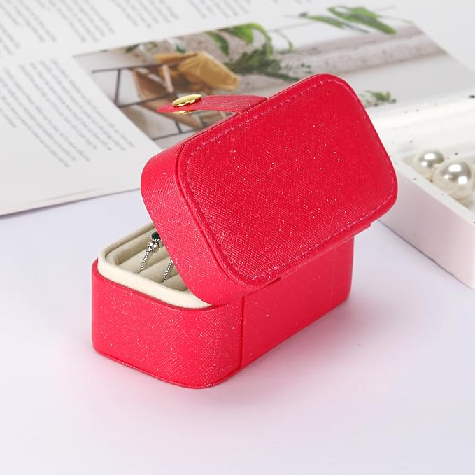 KUKUVR Small Travel Jewelry Box, Mini Jewelry Holder for Multiple Rings Necklace Earrings Lipstick, Portable Jewelry Storage Organizer Case with Removable Ring Slot (RED) - Image 4