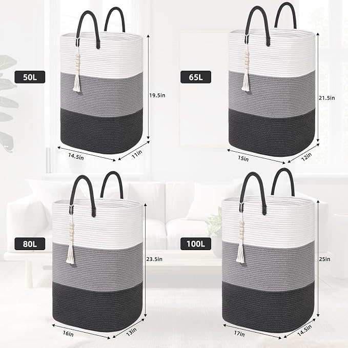 Woven Laundry Basket for Clothes,100 L Large Rectangle Laundry Hampers with Beads Tassel, Nursery Storage Basket for Toys, Tall Dirty Clothes Hamper for Bedroom Aesthetic, Laundry Room Organization - Image 8