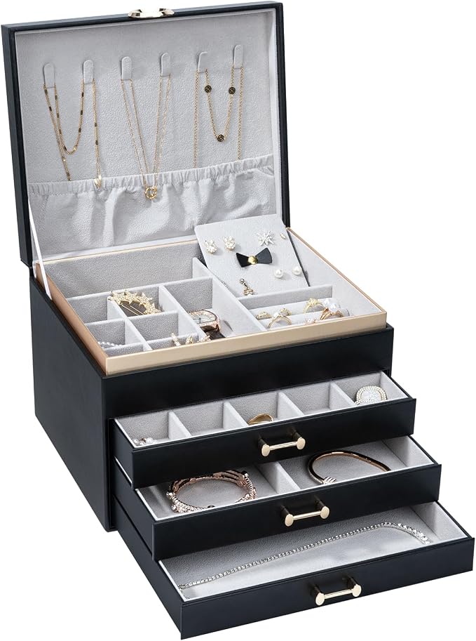 Jewelry Box，4-Layer Large Jewelry Organizers for Women with 3 Drawers,Storage Modern Style Jewelry Boxes Storage of Earrings Rings Bracelets Necklace（Black） - Image 9