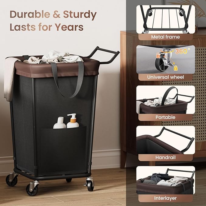 160L Laundry Hamper with Wheels and Handle, 2-Section Rolling Hamper for Laundry, Large Laundry Basket with Wheels, Rolling Laundry Basket Clothes Hamper for Home, Bathroom and Dorm(Black) - Image 6