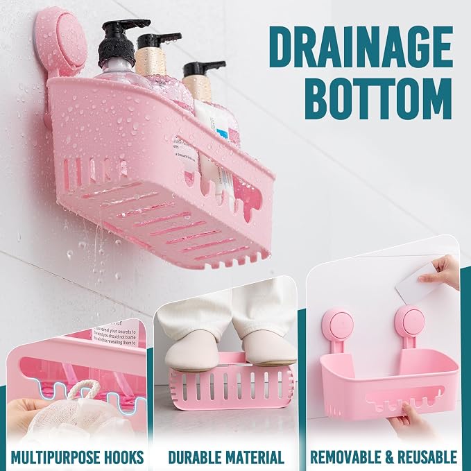 TAILI Shower Caddy Suction Cup, Heavy Duty Bathroom Organizer, Removable Shelves for Inside Shower, Shampoo, Waterproof Suction Plastic Storage for Bathroom Accessories Holder, Pink - Image 3
