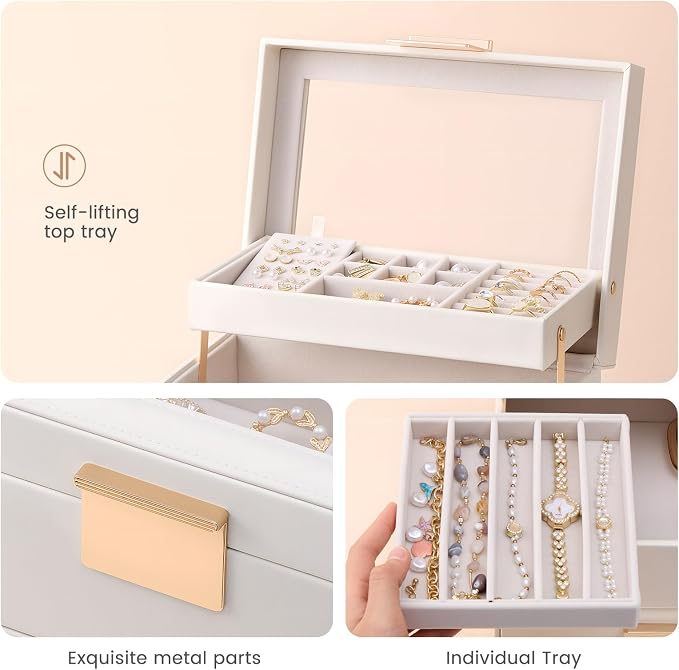 Lolalet Jewelry Box, Clear Window Jewelry Organizer with Drawer for Earrings Bracelets Necklaces Rings, Jewelry Storage for Women -White, 3 Layers - Image 4