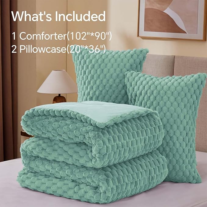 BEDELITE Fluffy King Size Comforter Set - Haze Blue Fleece Soft Comforter for King Size Bed, Luxury Warm Bedding Set for Winter, Fuzzy Bed Set 3 Pieces (1 Comforter, 2 Pillowcases)