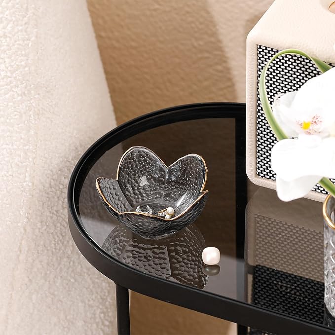 Grey Flower Jewelry Dish Glass Ring Dish Jewelry Tray Cute Vanity Organizer Room Decor Aesthetic Nightstand Bathroom Decor Trinket Dish Ring Holder Dish House Warming Gifts Stocking Stuffers for Women - Image 2