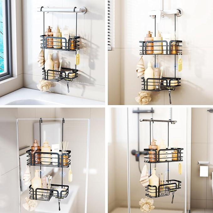 SWTYMIKI Shower Caddy Hanging Organizer - Over the Door Shower Caddy with Soap Holder, 11 Hooks, 2 Installation Ways, Stainless Steel Rustproof Bathroom Organizer, Black - Image 2