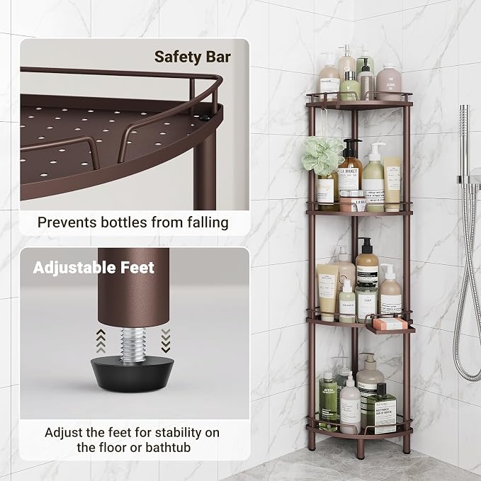 ELYKEN Corner Shower Caddy Standing, 4 Tier Rustproof Metal Shower Organizer with Soap Holder, Floor Shower Corner Shelf Rack Storage Stands with Adjustable Feet & 2 Hooks for Bathroom, Bronze - Image 6