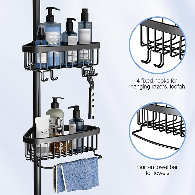 Corner Shower Caddy Tension Pole: Adjustable Rustproof 4-Tier Inside Bathroom Organizer - 47-121 inch Quick Installation Bathtub Shelves for Shampoo Storage - Rod Floor Standing Bath Rack - Black - Image 4