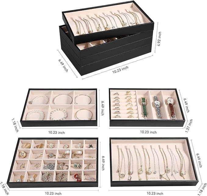 LANDICI Stackable Jewelry Organizer Trays 4 Set,PU Leather Jewelry Organizer Drawer,Jewelry Storage Display Tray for Earring Necklace Rings Bracelet with Removable Dividers,Black - Image 4