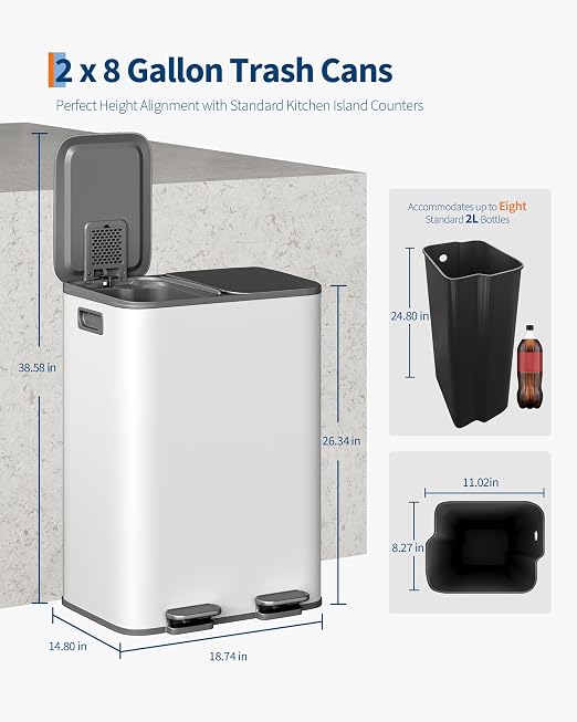 GarveeHome 2 x 8 gal Stainless Steel Double Trash Can with Lid for Kitchen, Large Dual Trash and Recycle Bin Combo, Step-on Kitchen Metal Garbage Cans, PP Inner Buckets, Liner Rim, Grayish-White - Image 6
