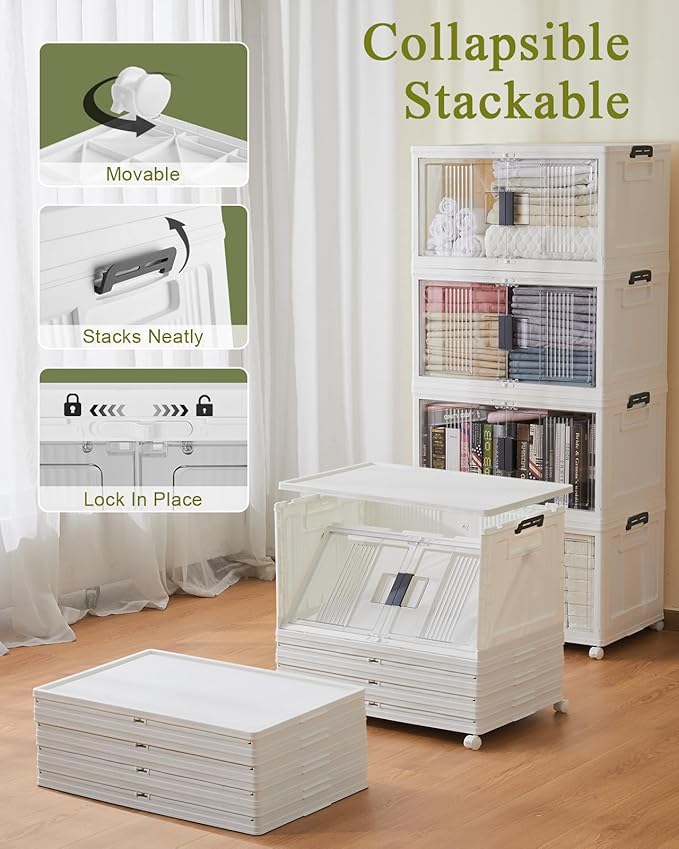 OlarHike 76QT Lockable Storage Bins with Lids - Folding Storage Box with Doors and Wheels, Collapsible Plastic Storage Bins for Closets, Office, Stackable Organizer, Containers, 4 Pack Cubes - Image 2