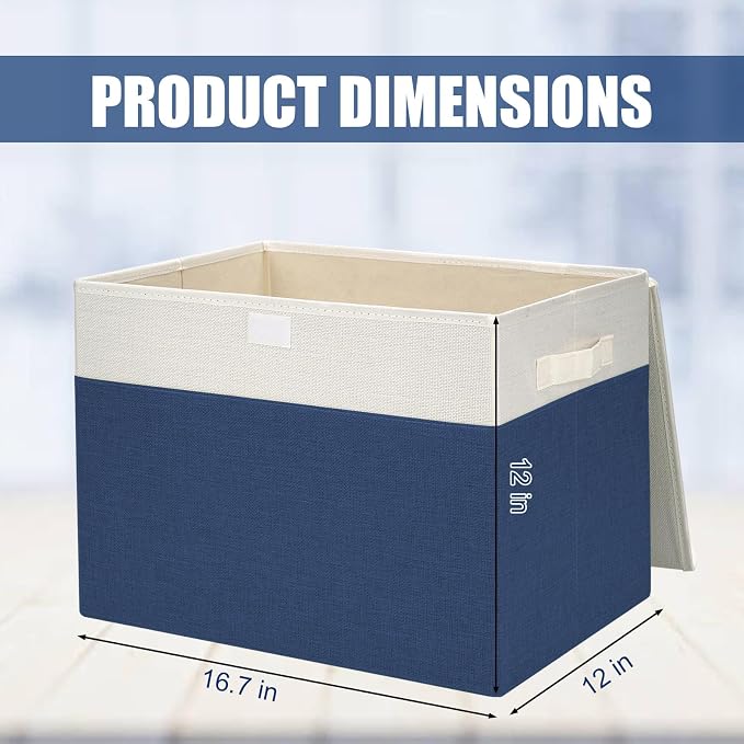 Bagnizer Large 42 Quarts Fabric Storage Bins with Lids [2-Pack] Linen Collapsible Foldable Baskets, Closet Organizer Containers boxes with Handles for Home Office (16.7 x 12 x 12, Navy Blue & White) - Image 2