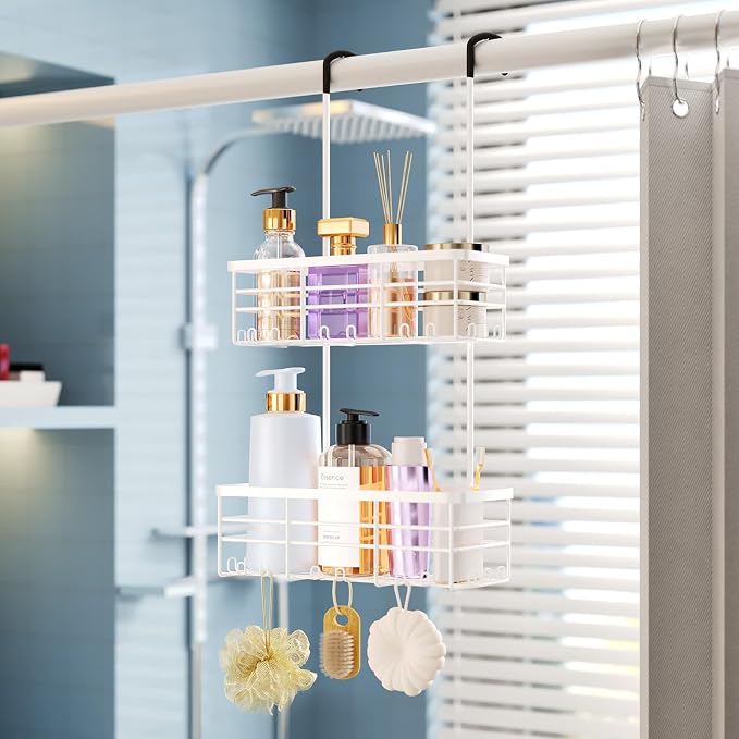 HapiRm Hanging Shower Caddy Organizer - No Drilling Shower Organizer with Hooks, Rustproof & Waterproof 304 Stainless Steel Bathroom Shelves - White - Image 8