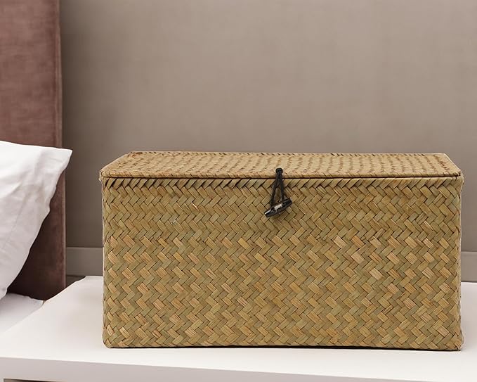 Wicker Basket with Lid, Natural Seagrass Storage Baskets for Organizing, Woven Basket for Storage, Decorative Boxes Bins with Lids Home Organizer Decor (Natural, 14.3" x 9.4" x 6.9") - Image 7