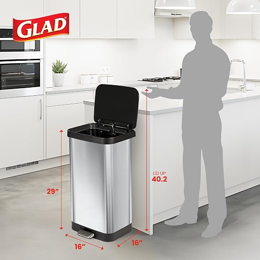 Glad Stainless Steel Step Trash Can with Clorox Odor Protection | Large Metal Kitchen Garbage Bin with Soft Close Lid, Foot Pedal and Waste Bag Roll Holder, 20 Gallon, Stainless - Image 2