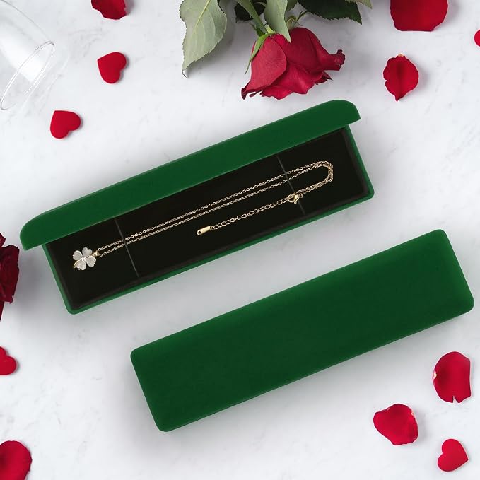 KUKUVR 2 Pieces Metal Velvet Necklace Bracelet Gift Box, Soft Lining Bracelet Pendant Long Chain Organizer Holder Display Case for Wedding Engagement Birthday Anniversary (Green) - Image 6