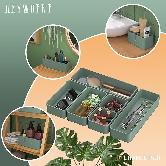 CHANCETSUI 6 PCS Stackable Drawer Organizers Set, Versatile Desk and Vanity Drawer Organizer Trays, Storage Bins for Makeup, Bathroom, Bedroom, Kitchen and Office, Green - Image 6