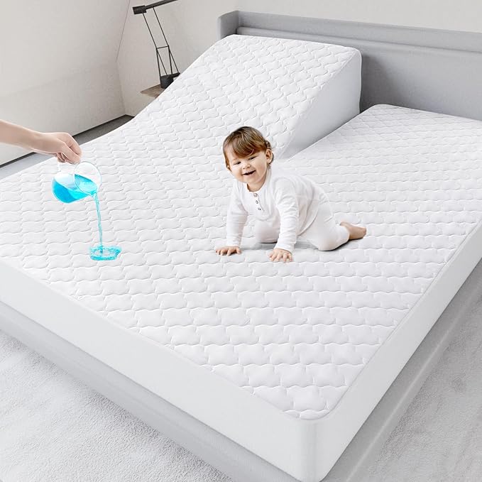 Split Top King Mattress Pad Waterproof Protector, Quilted Mattress Cover Fitted for Adjustable Bed 32"-34" Top Split from Head, Deep Pocket Mattress Protector Up to 18", White (Cover Only)