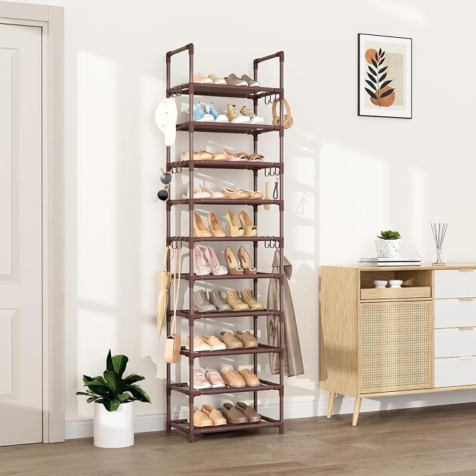 VTRIN 10 Tiers Tall Shoe Rack Holds 20-25 Pairs of Shoes Sturdy Vertical Shoe Organizer with 18pcs Hooks Stackable Narrow Shoe Rack for Closet, Entryway Brown - Image 2
