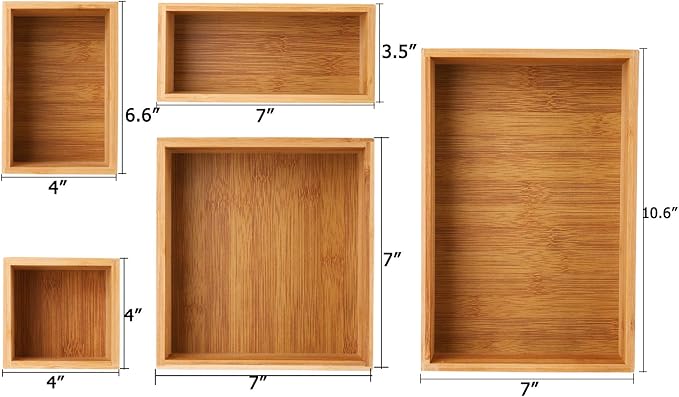 Lawei Set of 5 Bamboo Drawer Organizer Boxes, Desk Storage Box Kit, Drawer Storage Containers Tray Bins for Office, Kitchen, Bedroom, Children Room, Craft, Sewing - Image 2