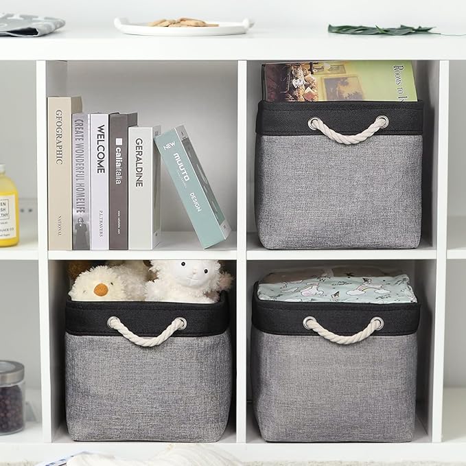TheWarmHome Storage Basket for Organizing - 16x12x12 inch Cube Storage bin 3 Pack Fabric Storage Cubes, Collapsible Storage Box for Organizer Cloth Gift Toy Closet (Black & Grey) - Image 2