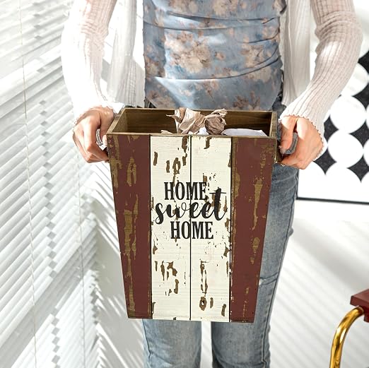 Small Wood Trash Can Wastebasket, Farmhouse Rectangular Garbage Can Waste Basket, Rustic Distressed Wooden Trash Recycling Bin with Metal Handles, Home Sweet Home Wood Storage Basket (Distressed) - Image 4