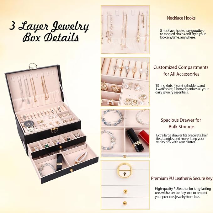 Jewelry Organizer Box for Women, Large Jewelry Organizer with Lock, 3 Tier Storage Box with Velvet Lining, 2 Drawers, Necklace Hooks, Ring Rolls - Image 3