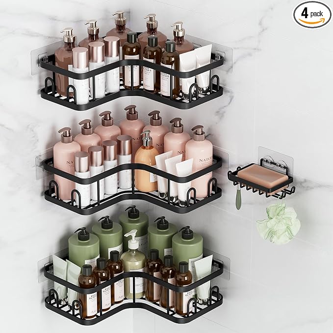 Veken Corner Adhesive Shower Caddy 4-Pack with Soap Holder&Hooks,No Drilling Shower Shelves,Rustproof & Waterproof Bathroom Organizers and Storage,Rack for Small Spaces, Kitchen&Rental-Friendly,Black by Veken