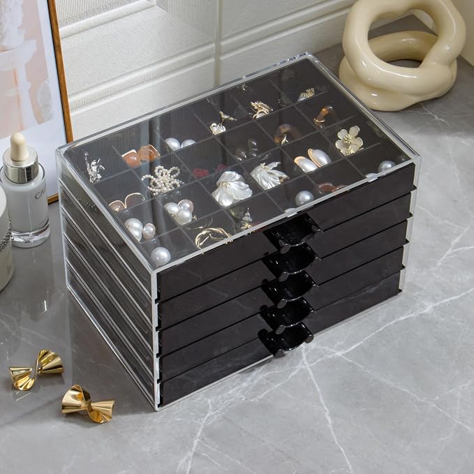 YUFONG Earring Storage Box Organizer, Acrylic Jewelry Storage Box Holder 5 Drawers Transparent Jewelry Display Stand with 120 Small Compartments Gift Boxes for Women Girls (Black) - Image 5