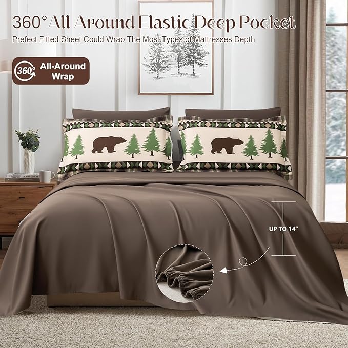 Comforter Set King Size Rustic Bear Comforter Bedding-7 Piece Bed in a Bag, Soft Fluffy Reversible Microfiber Bedding Set(1 Comforter,1 Flat Sheet,1 Fitted Sheet,2 Pillowcases,2 Pillow Shams),Green