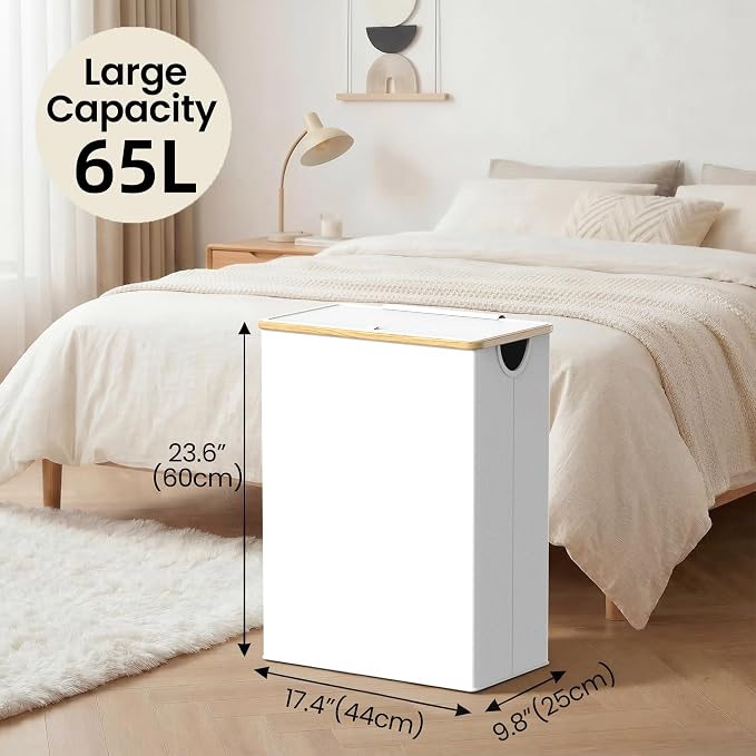 efluky Slim Laundry Basket with Lid, Narrow Laundry Hamper with Removable Bag, Skinny Dirty Clothes Basket with Bamboo Handles for Bathroom, Bedroom & Laundry Room, 65L White - Image 4