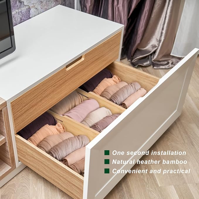 4 Pack Bamboo Kitchen Drawer Dividers with Inserts 2.6" High, Adjustable from 12.5 Inch to 21.7 Inch Drawer Organizers, Expandable Drawer Separators for Clothes, Bedroom, Dresser, Office (Beige) - Image 6