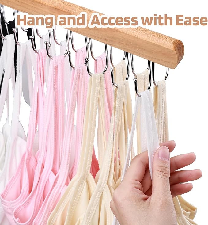 NECAMOCU 2 Pack Bra Hanger for Closet Organizer, Premium Wooden Tank Top Hangers with 36 Foldable Hooks, 360° Rotating Design, Space Saving Storage for Tank Tops, Bras, Scarves and More - Image 5
