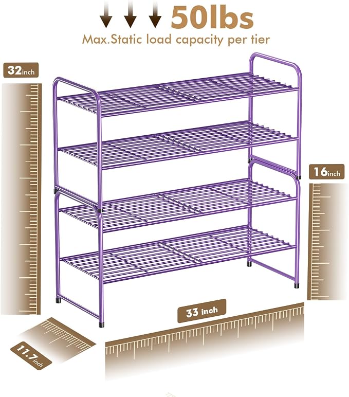 SUFAUY 2-Tier 33" Wide Shoe Rack Closet Metal Wire, Stackable, Purple - Image 3